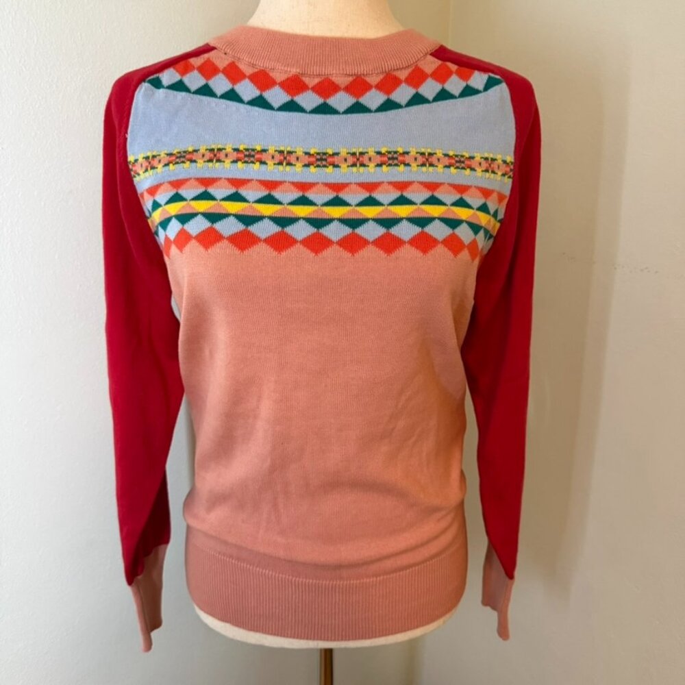 OXKnit Jacquard Fair Isle Yoke Sweater Vintage style Pink Red 100% Cotton Sz M - Picture 3 of 13